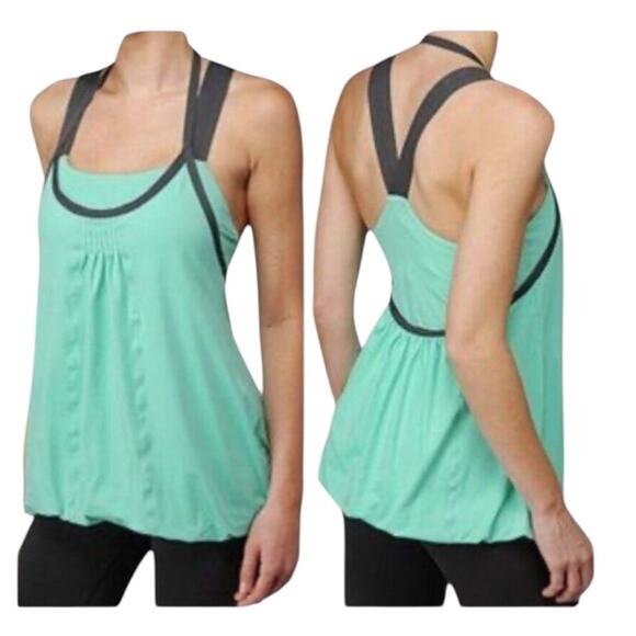 LULULEMON SPORT TANK TOP Size 6 Green Layered Bubble Hem Awareness Criss Cross - Picture 1 of 9